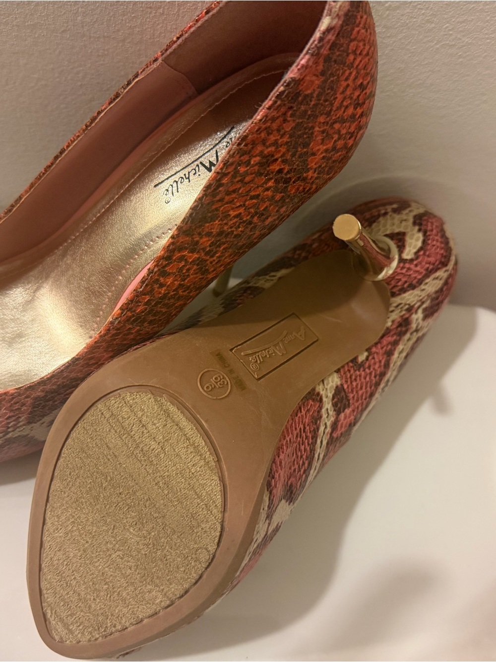 Michele Pink-Red Snakeskin Pattern Heels with Gold Tone Stiletto
